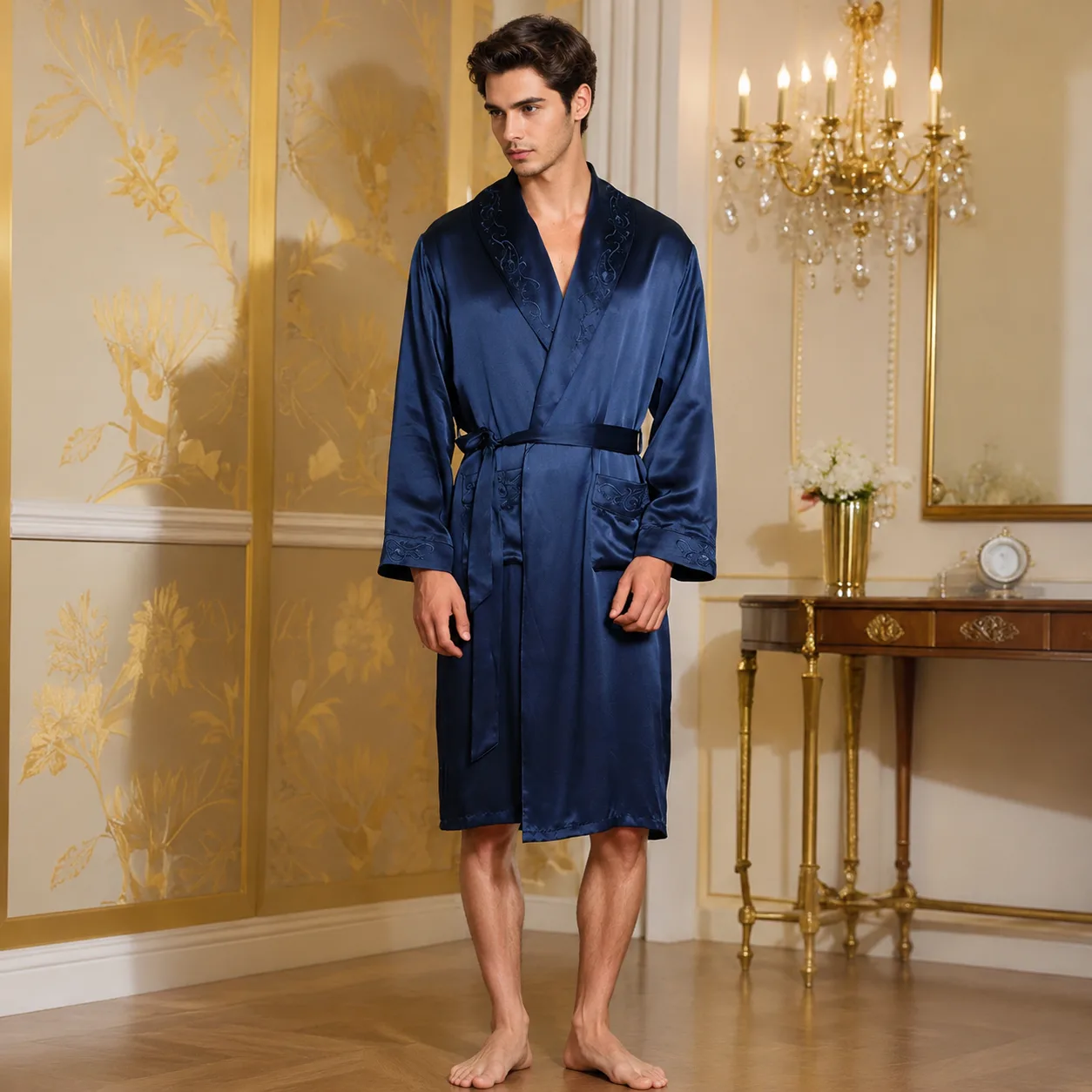 Wrap-front private label sleepwear robe with shawl collar, self-tie belt, wide sleeves, front pockets, and finished trim for adjustable comfort and