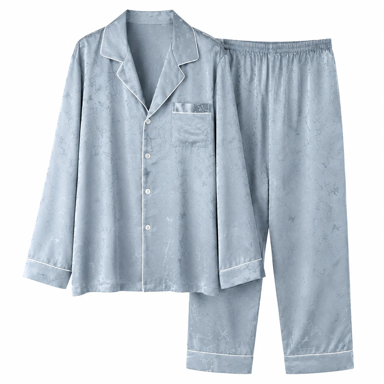 Button-front long-sleeve pajama set with piped lapel, chest pocket, cuffed hems, and elastic waistband for private label sleepwear fit review