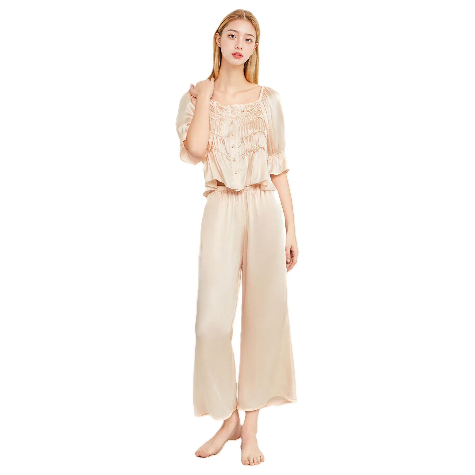 Custom silk pajama set with gathered neckline, button-front top, elastic sleeve cuffs, and wide-leg pants for private label sleepwear fit review
