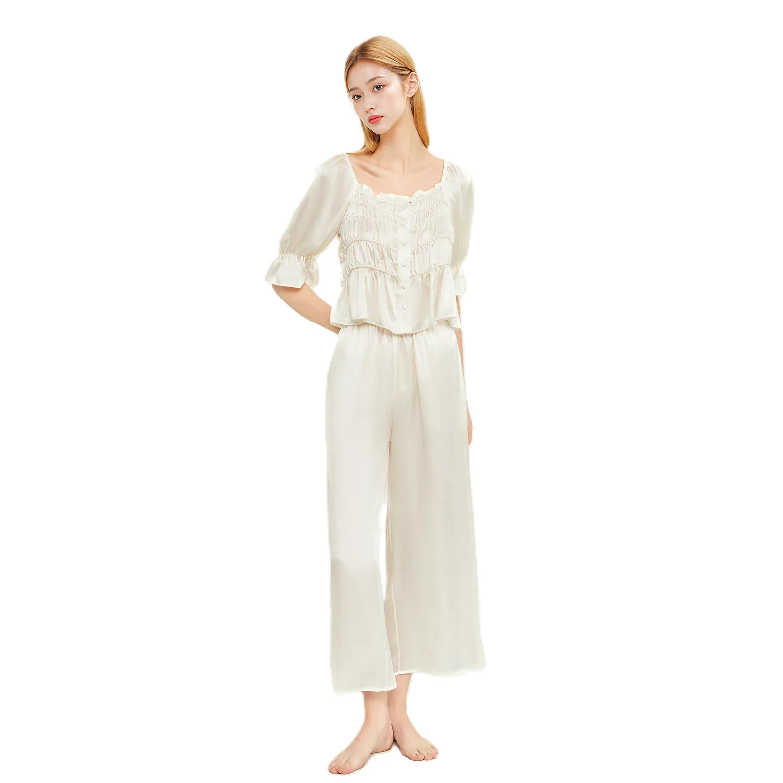 Private label pajama set with smocked bodice, button-front top, puff sleeves, ruffle edges, elastic waist, and wide-leg pants for sleepwear fit review