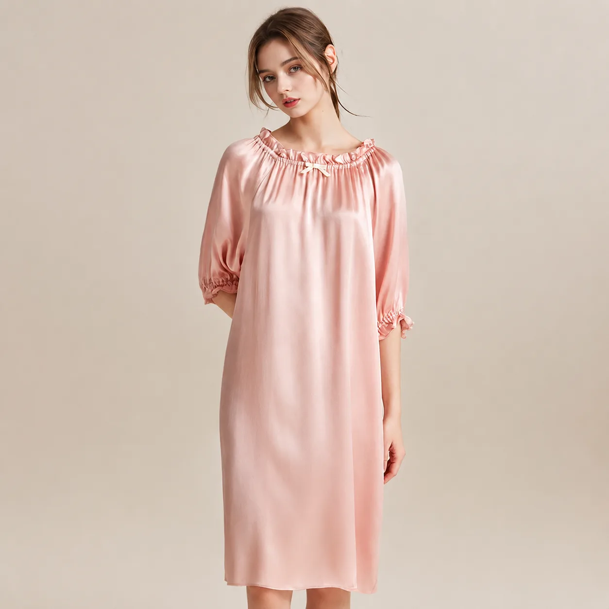 Private label sleepwear gown with relaxed straight fit, gathered ruffle neckline, elastic sleeve cuffs, and soft finished hem for comfortable wear
