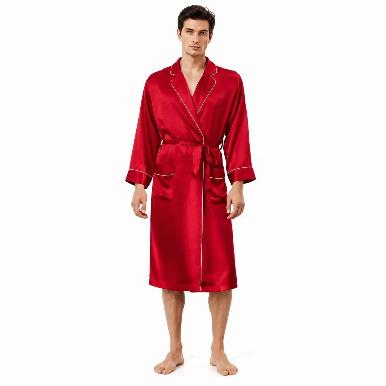 Men’s long red silk robe style with contrast piping and waist tie for private label sleepwear and hotel loungewear collections