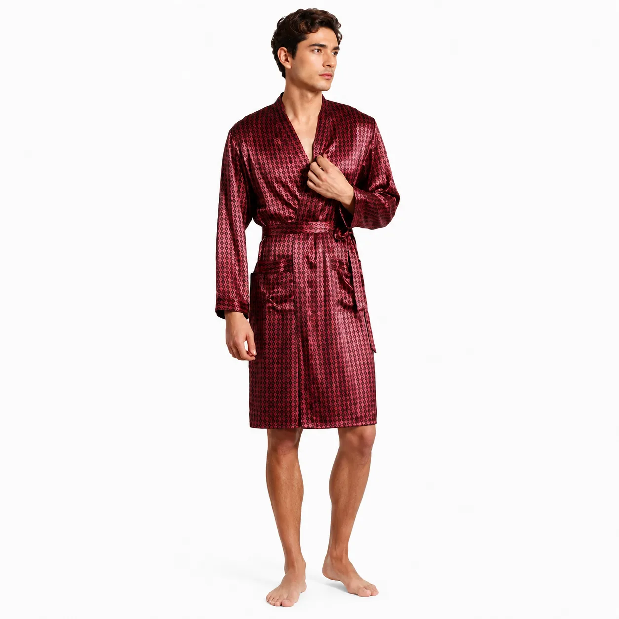 Burgundy diamond jacquard men's robe style for private label sleepwear, spa retail, and hotel loungewear collections