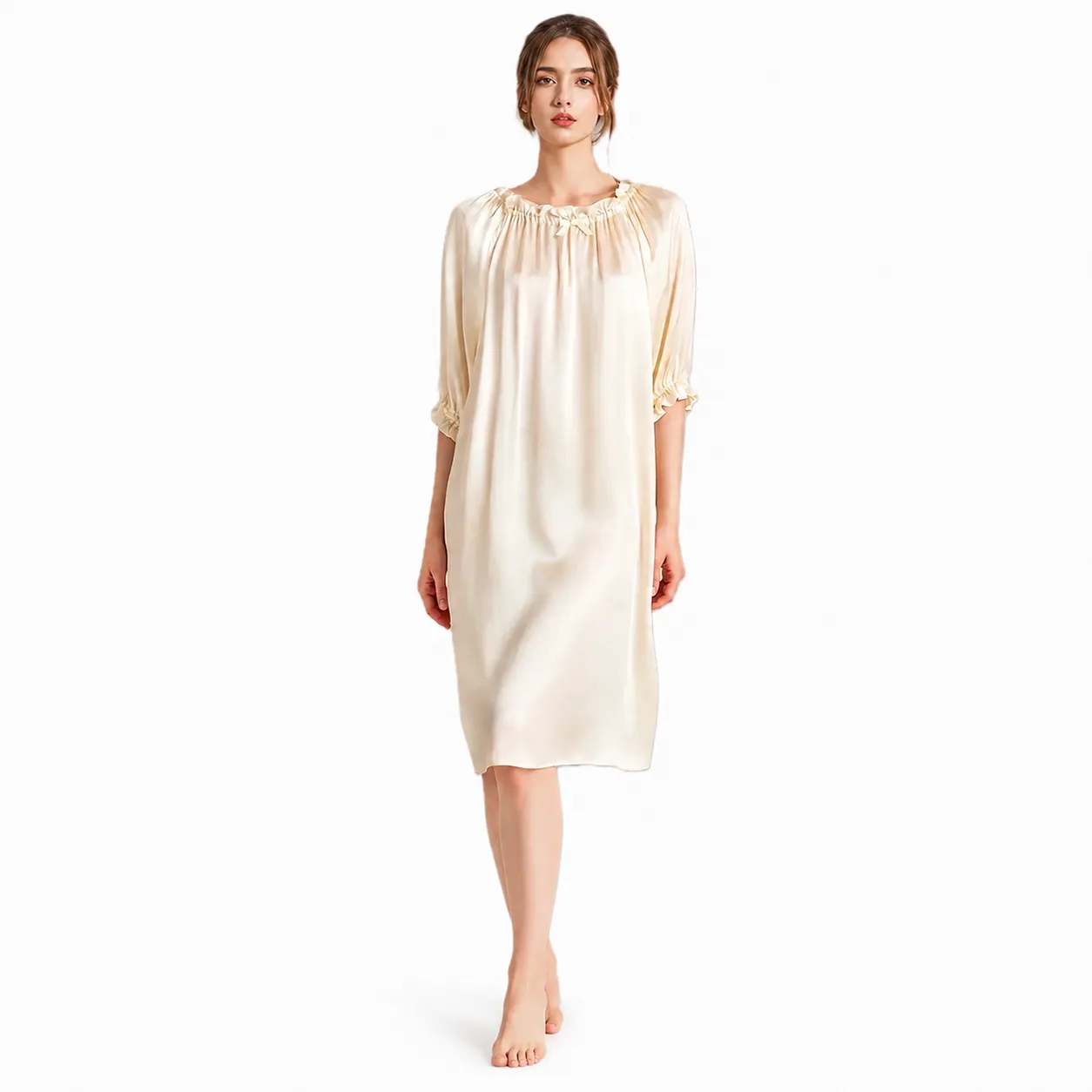 16 momme mulberry silk ruffle neck sleep dress in champagne ivory and blush pink for private label brand programs