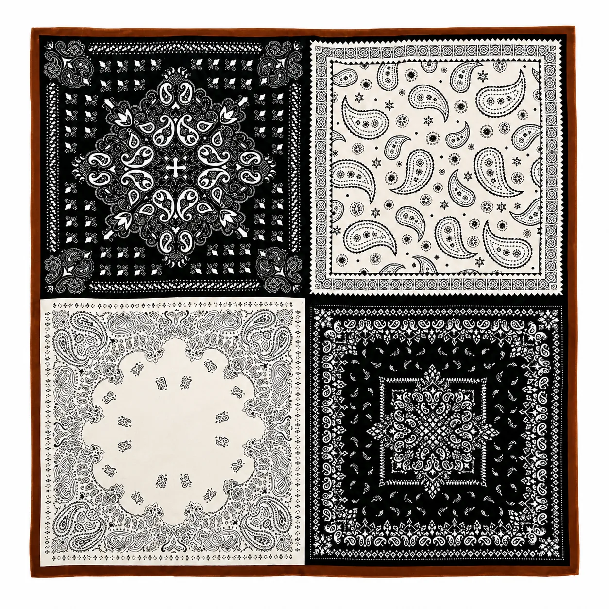 Custom 65cm vintage paisley panel mulberry silk square scarf in black, ivory, and brown, made to private label brand specification by OlaSilk