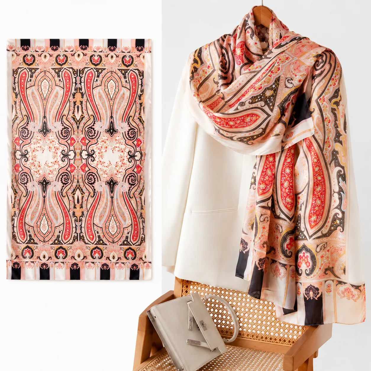 Detail view of custom silk scarf showcasing elegant paisley design, featuring a smooth drape and finished edges for a luxurious fit, ideal for private