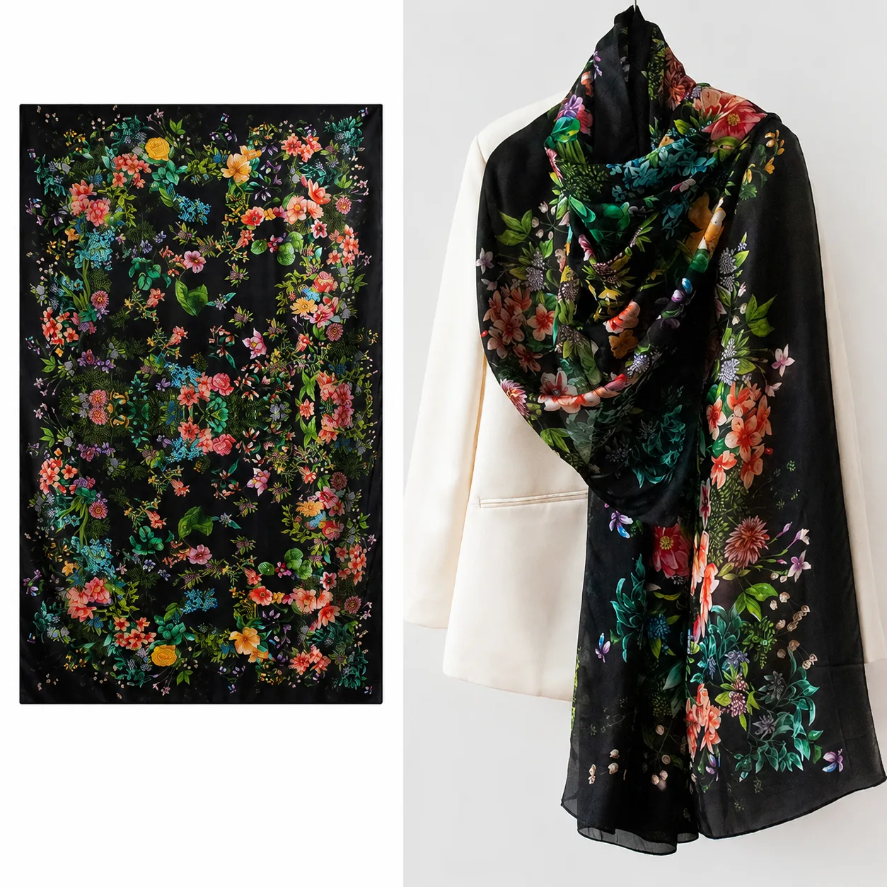 Detail view of a custom silk scarf showcasing vibrant floral patterns, designed specifically for private label brands, with a soft drape and finished