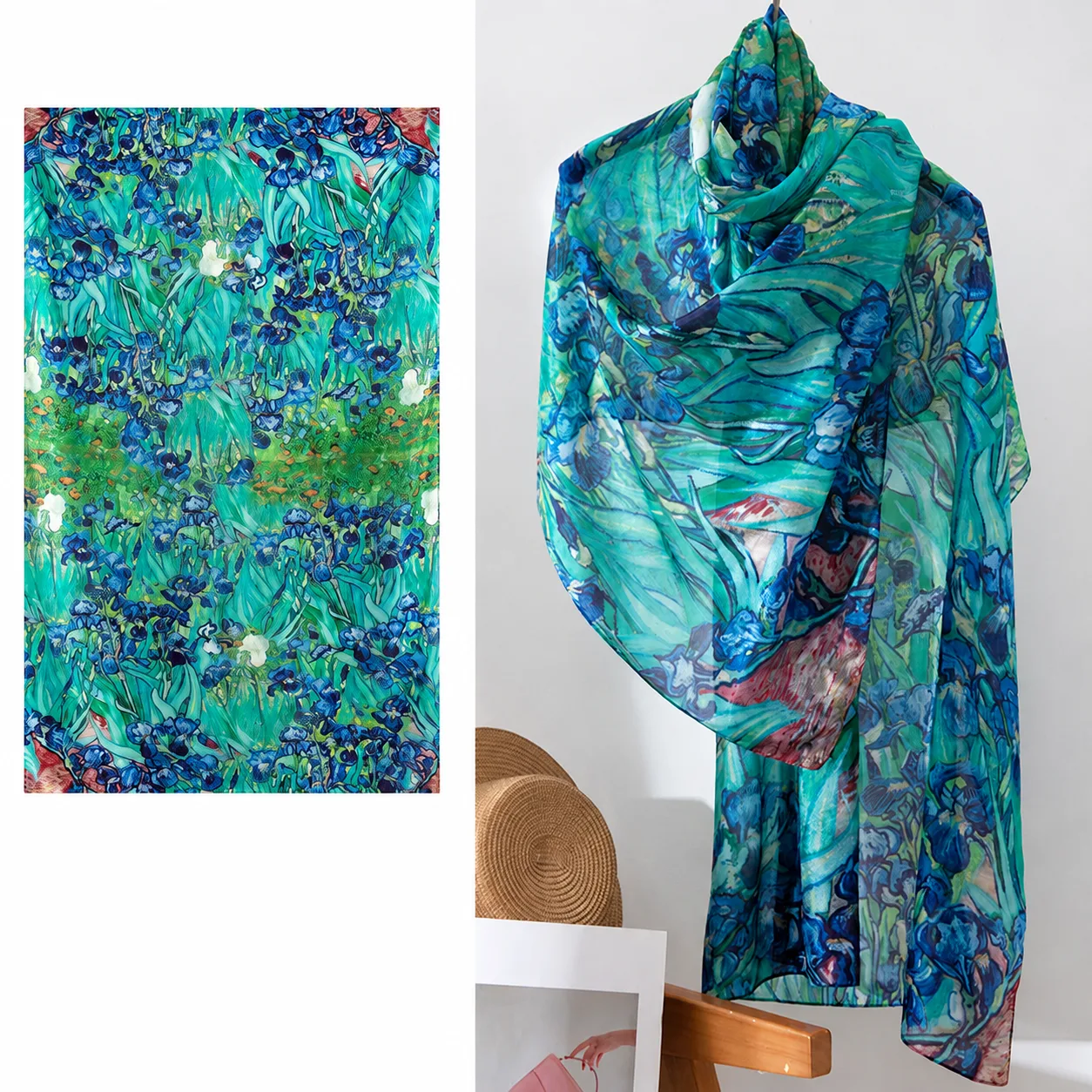 Custom Printed Long Silk Shawl Scarf detail view