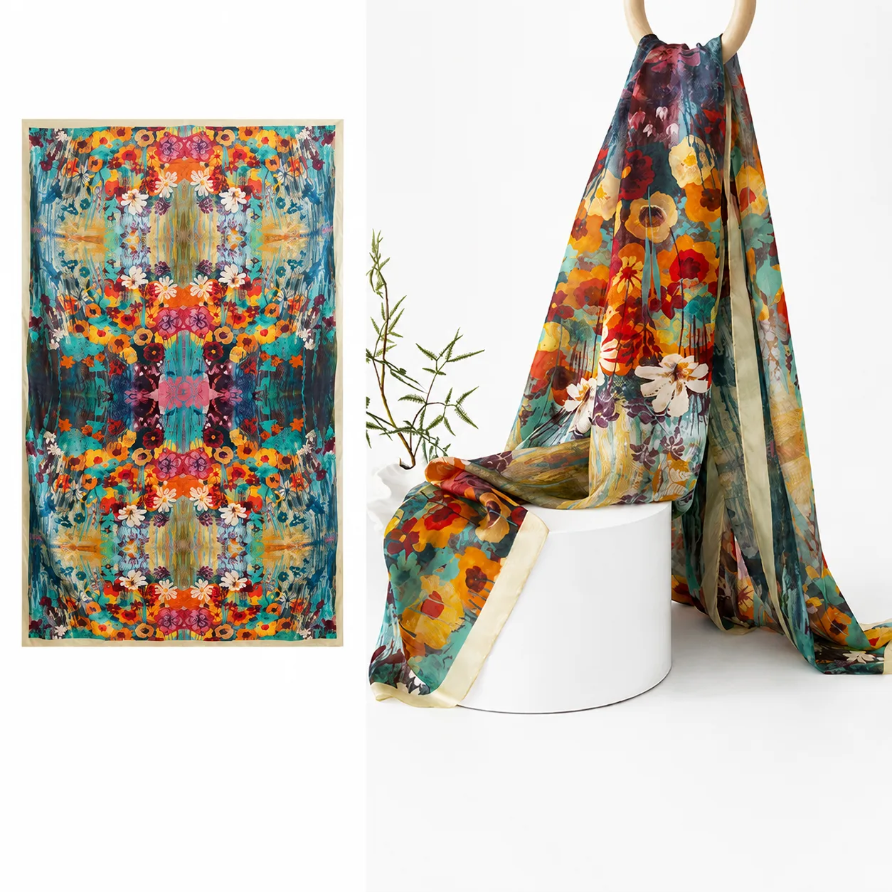 Custom Printed Long Silk Shawl Scarf detail view