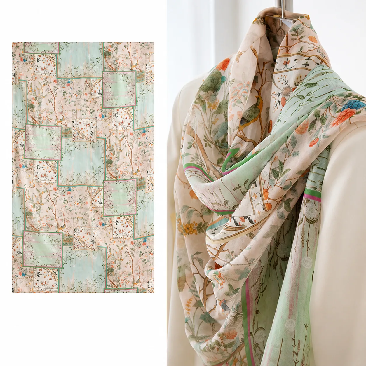 Detail view showcasing the elegant drape and seamless finish of a custom silk scarf, designed for private label brands