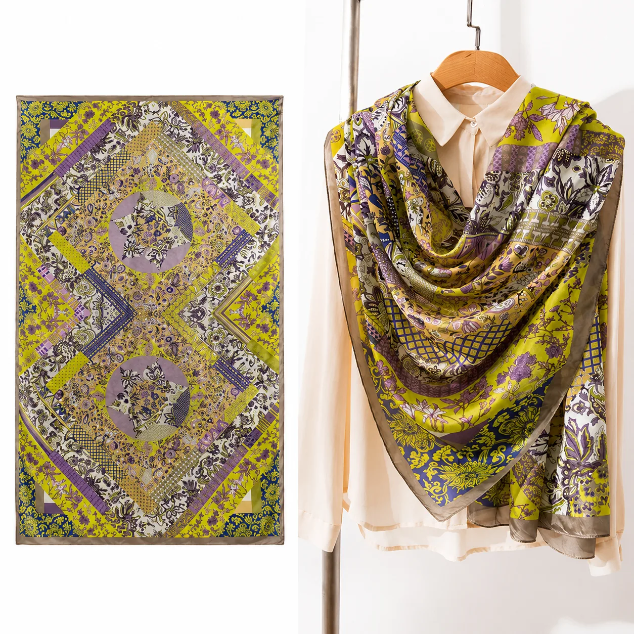Detail view of a custom silk scarf showcasing luxurious drape and refined edge finish, designed for brand customization in fashion and gifting