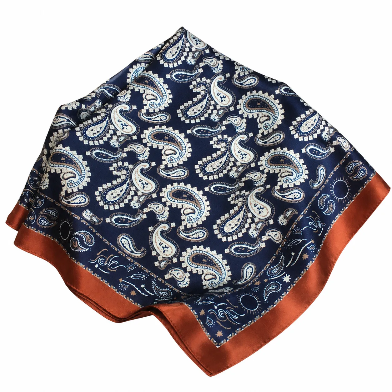 Custom 70cm mulberry silk square scarf with classic navy and rust paisley print, manufactured for private label brands by OlaSilk