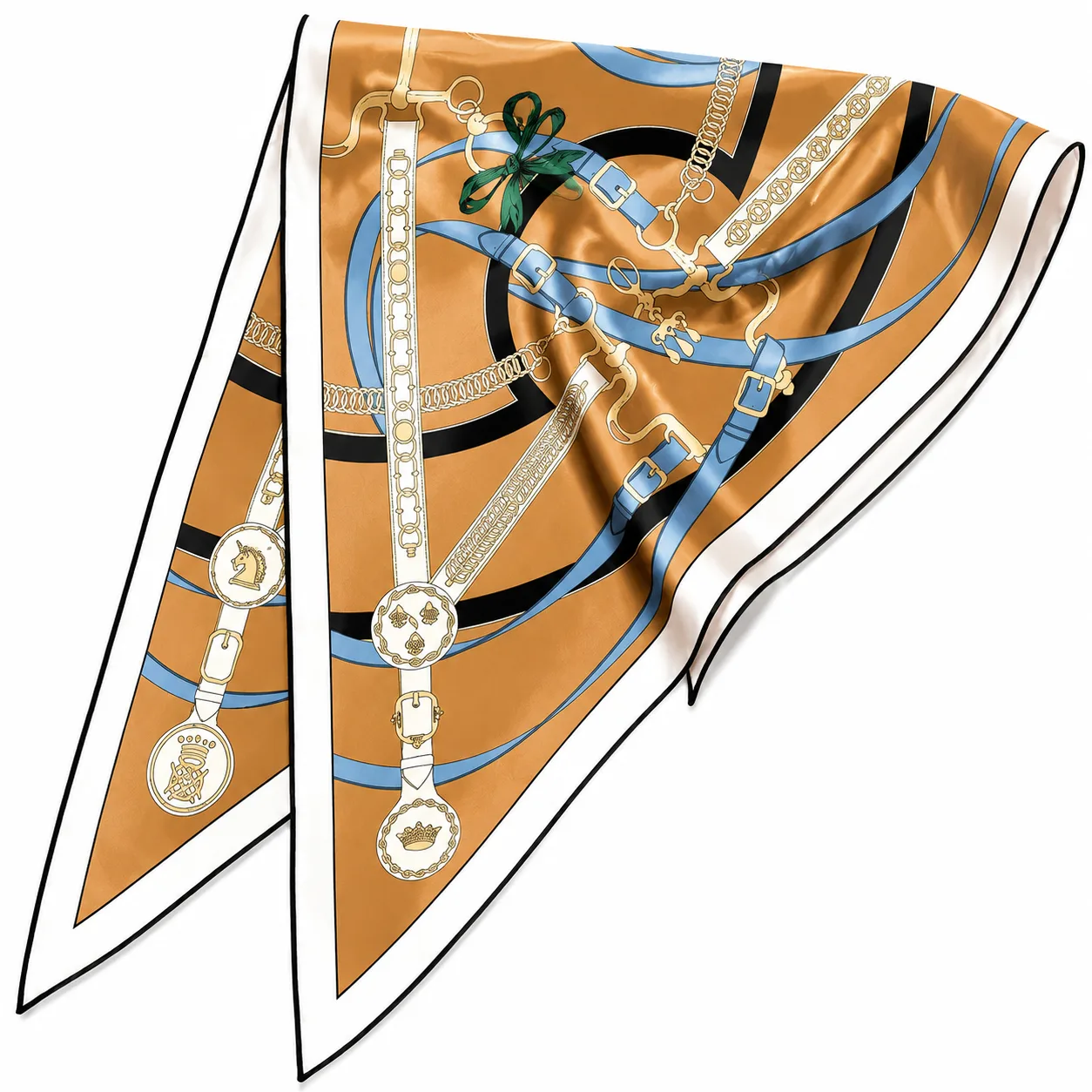 Custom 130x85 cm equestrian chain print triangle silk scarf in amber and blue, manufactured for private label fashion brands by OlaSilk