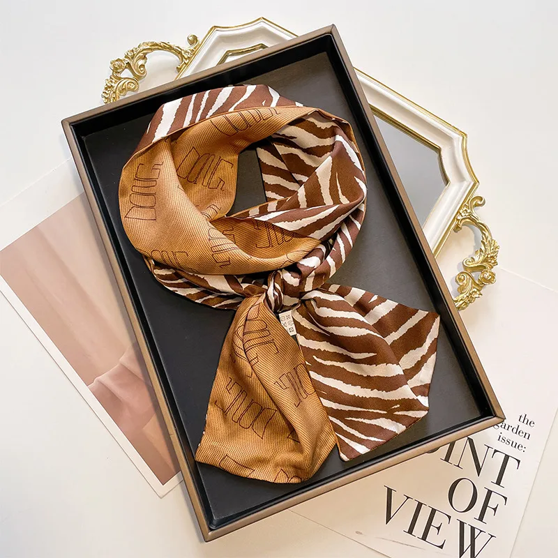 Caramel Zebra Double-Sided Silk Skinny Scarf detail view