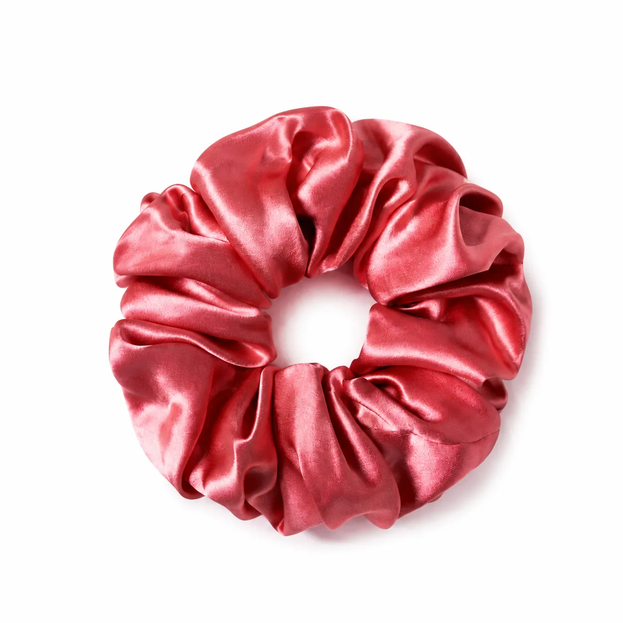 Custom 100% Silk Charmeuse scrunchie set in four sizes — jumbo to mini — shown in solid and printed colorways for private label hair accessory brands