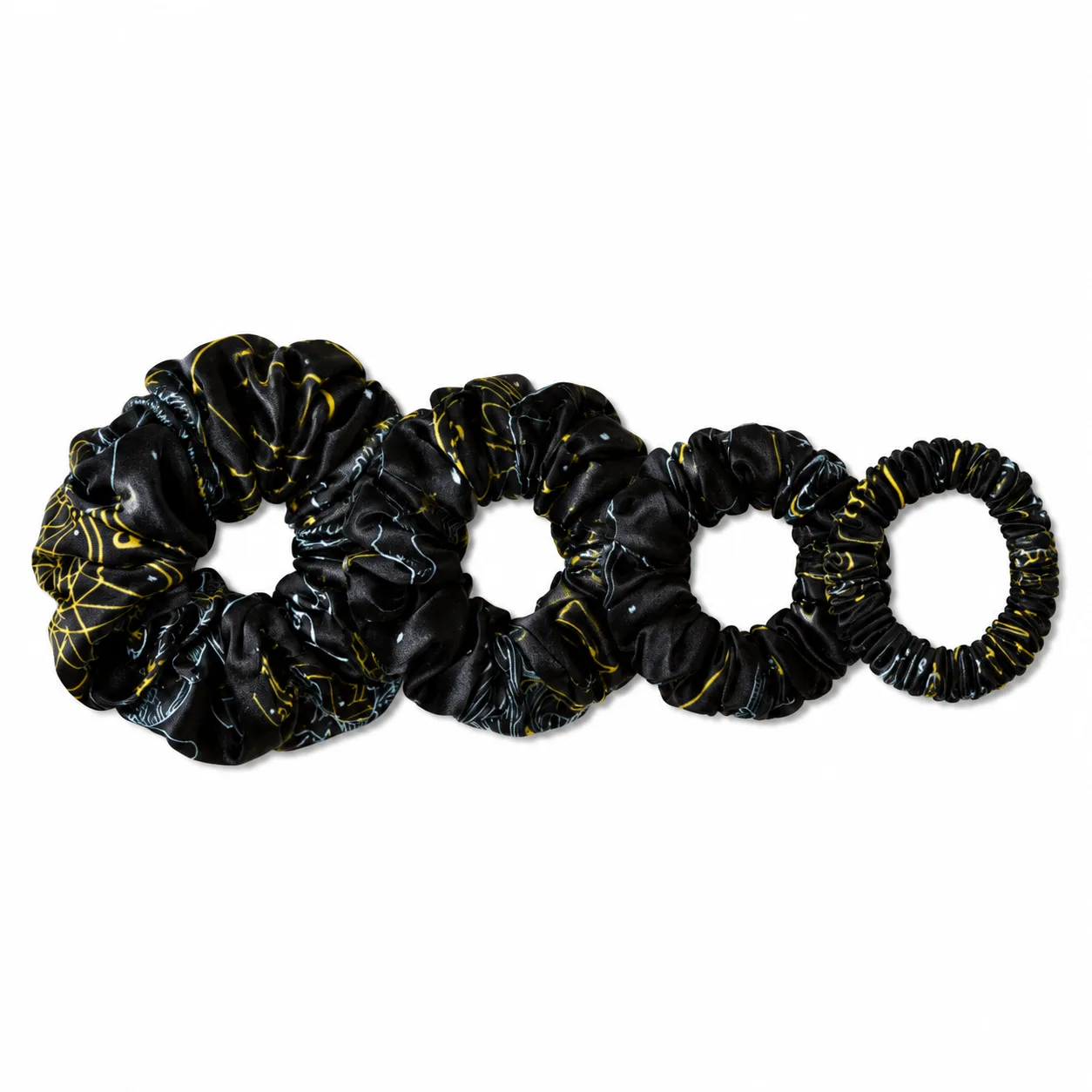 Detail view of custom silk scrunchies showcasing versatile sizes and elastic durability for private label brands in hair accessories and gift sets
