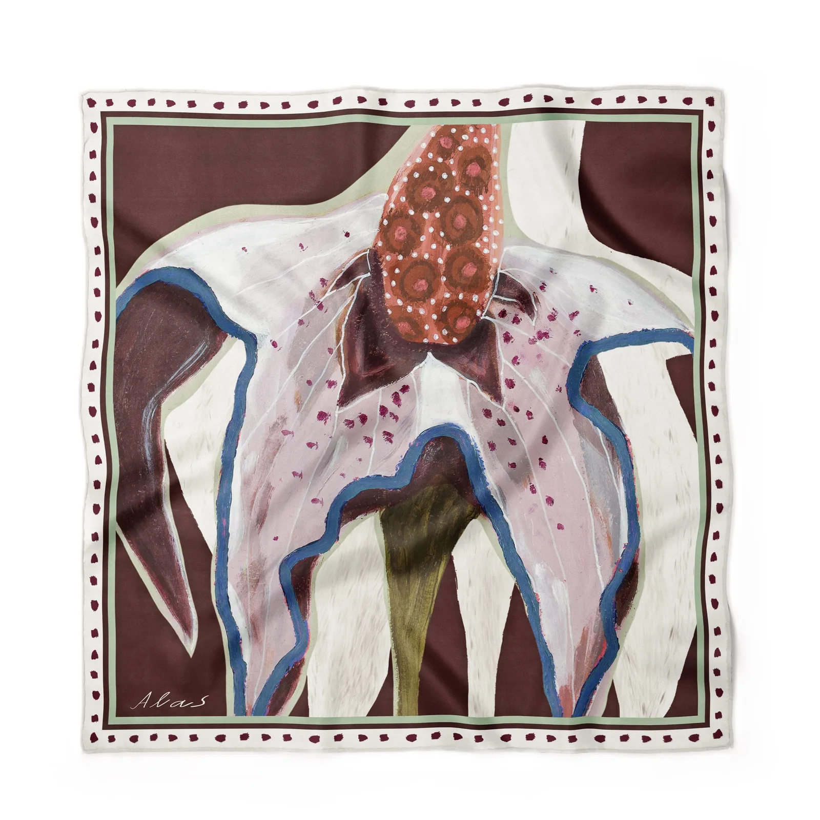 Custom 70cm mulberry silk square scarf with classic navy and rust paisley print, manufactured for private label brands by OlaSilk
