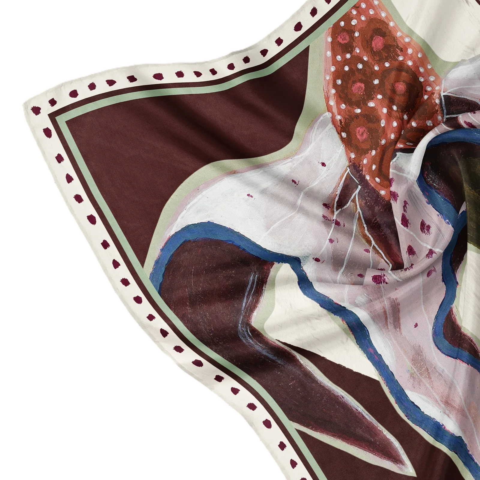 Detail view of the Paisley Botanical Multi-Print Silk Square Scarf showcasing its edge finish and soft folds for comfortable styling, ideal for custom