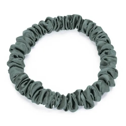 Custom 100% Silk Charmeuse scrunchie set in four sizes — jumbo to mini — shown in solid and printed colorways for private label hair accessory brands