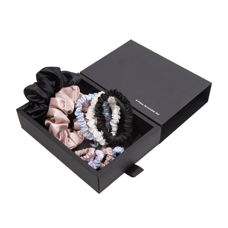 Box packaging of Multi-Size Silk Charmeuse Scrunchie Set tailored for private label clients, featuring custom insert cards for branding and retail