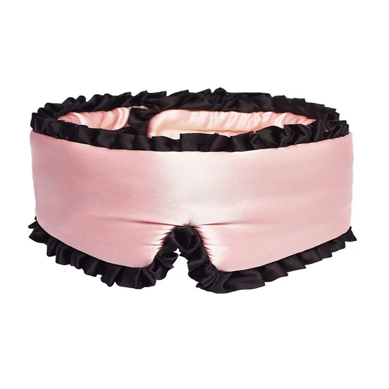 Custom wide ruffle edge mulberry silk sleep mask with contrast trim, available for private label brands in custom colors and logo options
