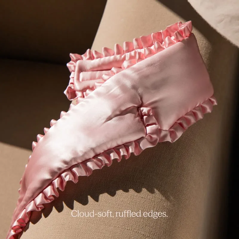 Detail view of Wide Ruffle Edge Silk Sleep Mask showcasing the soft ruffled edges for enhanced comfort, ideal for custom private label branding