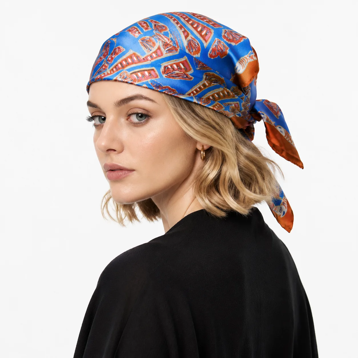 Detail view of Artistic Print Silk Square Scarf 88cm, featuring a multi-colorway design with a structured fit for comfort and versatility in style
