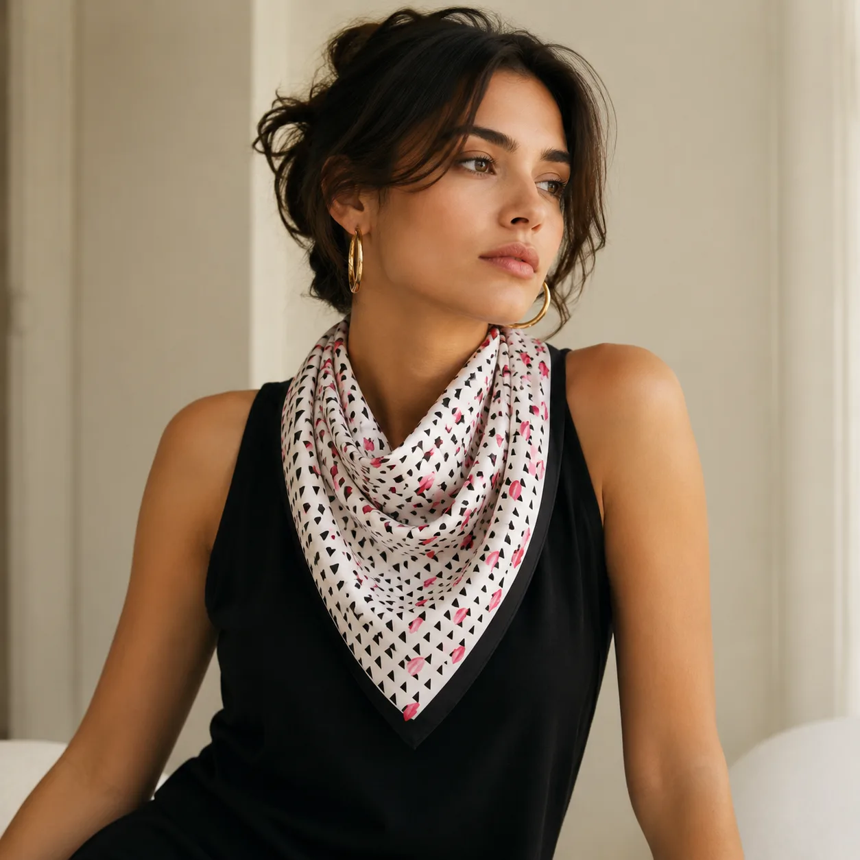 Detail view of a Custom Printed Long Silk Shawl Scarf featuring a triangular design, showcasing its elegant drape and edge finish for private label