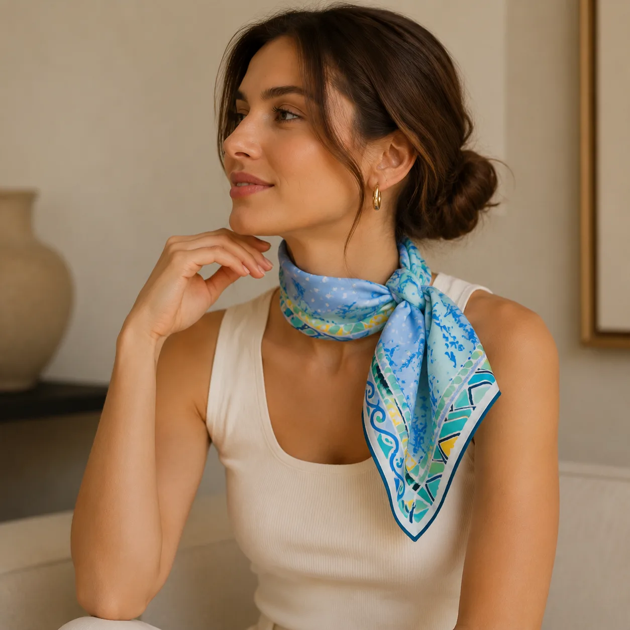 Detail view of the Mermaid Polka-Dot Double Match Silk Square Scarf showcasing its tailored edges and structured fit, designed for a comfortable wrap