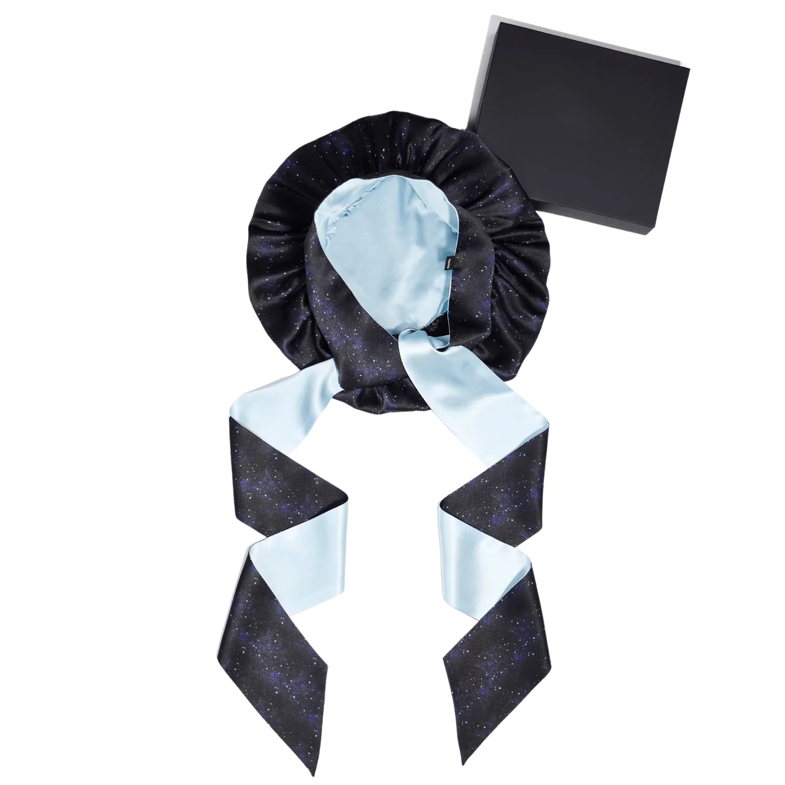 Packaging image showcasing the elegant presentation of a custom silk sleep cap with ribbon ties, ideal for private label brands in the beauty and hair