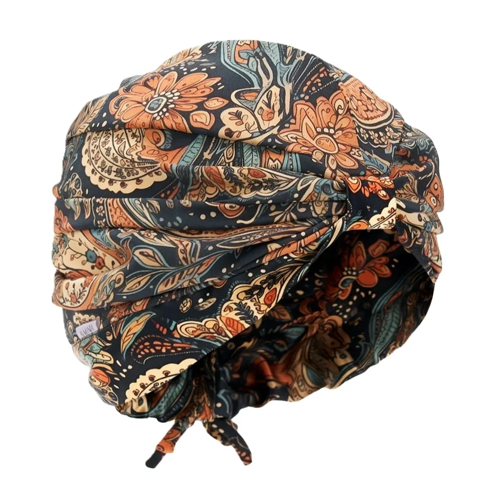 Printed Turban Silk Sleep Cap with Drawstring detail view