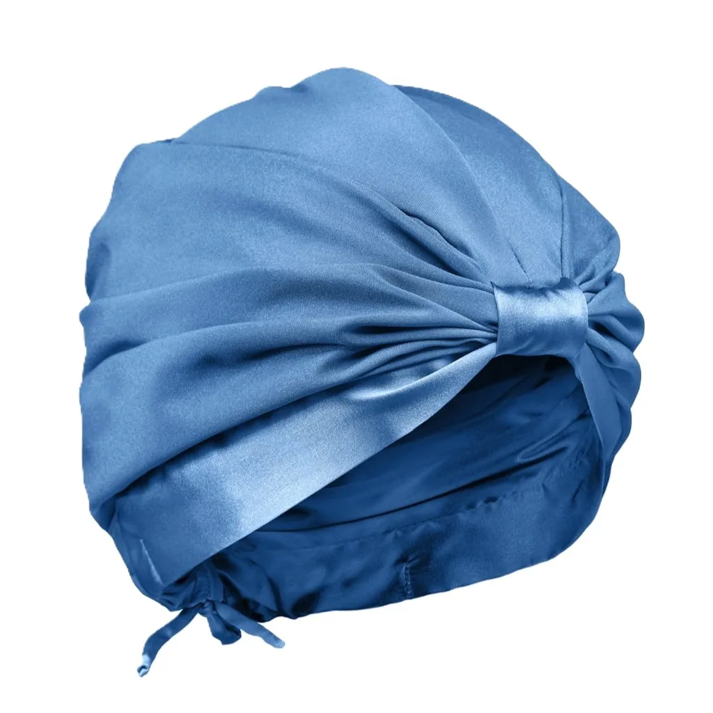 Detail view of custom silk sleep cap, showcasing its gathered top construction and adjustable tie for a secure fit, ideal for hair care and beauty