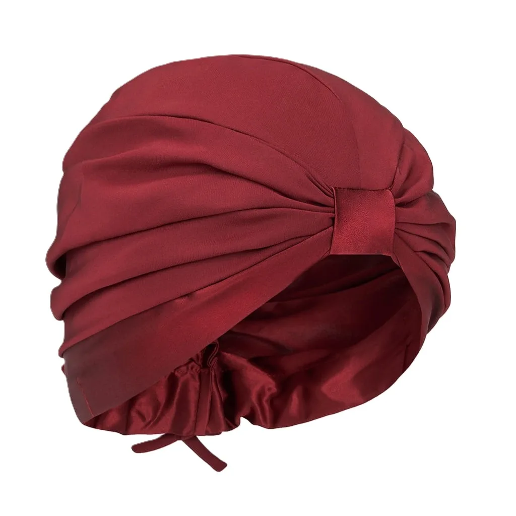 Detail view of custom silk sleep cap showcasing elegant draping and adjustable fit for private label hair care brands
