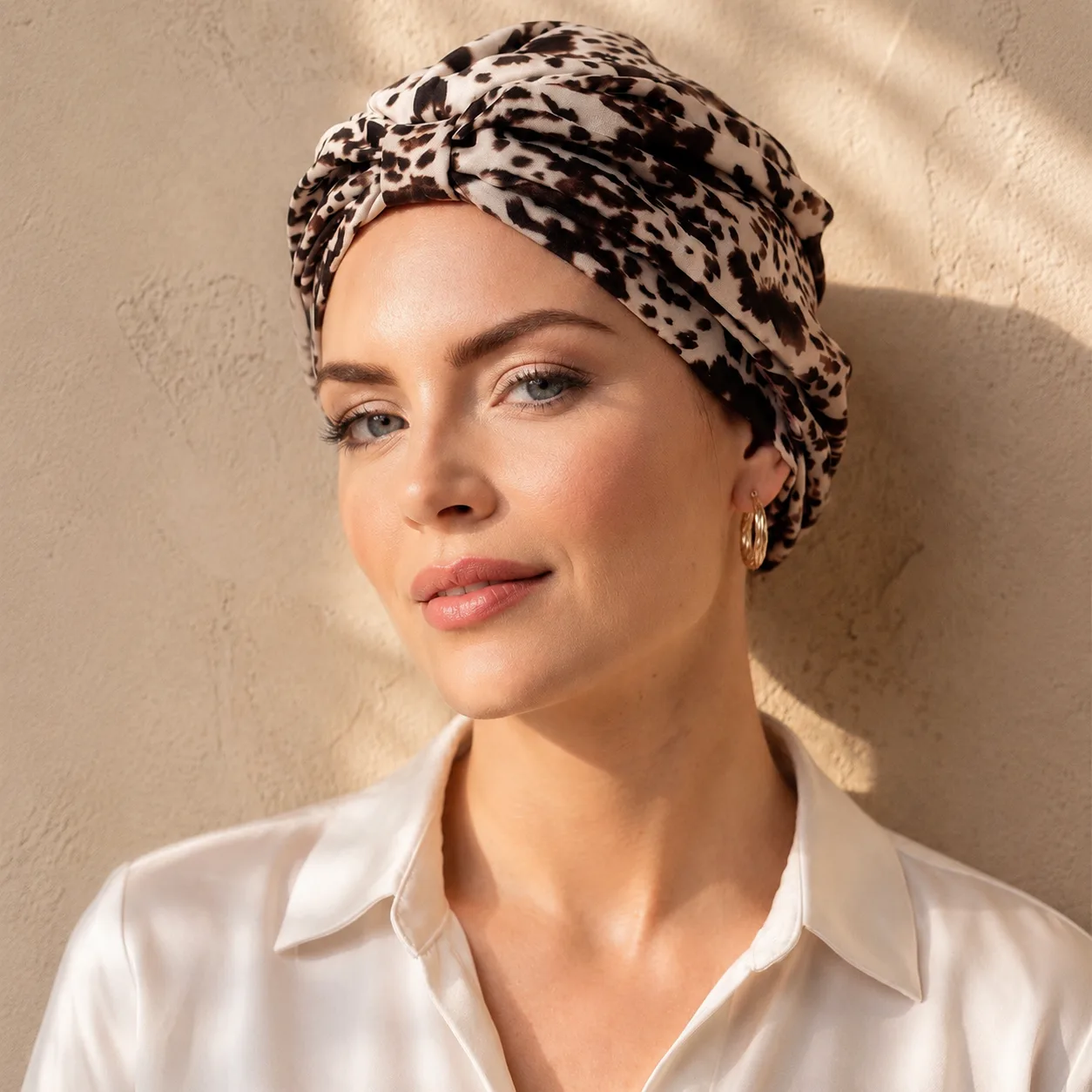 Detail view of a custom silk sleep cap featuring a twisted design, showcasing comfortable construction and a secure fit for hair care and beauty