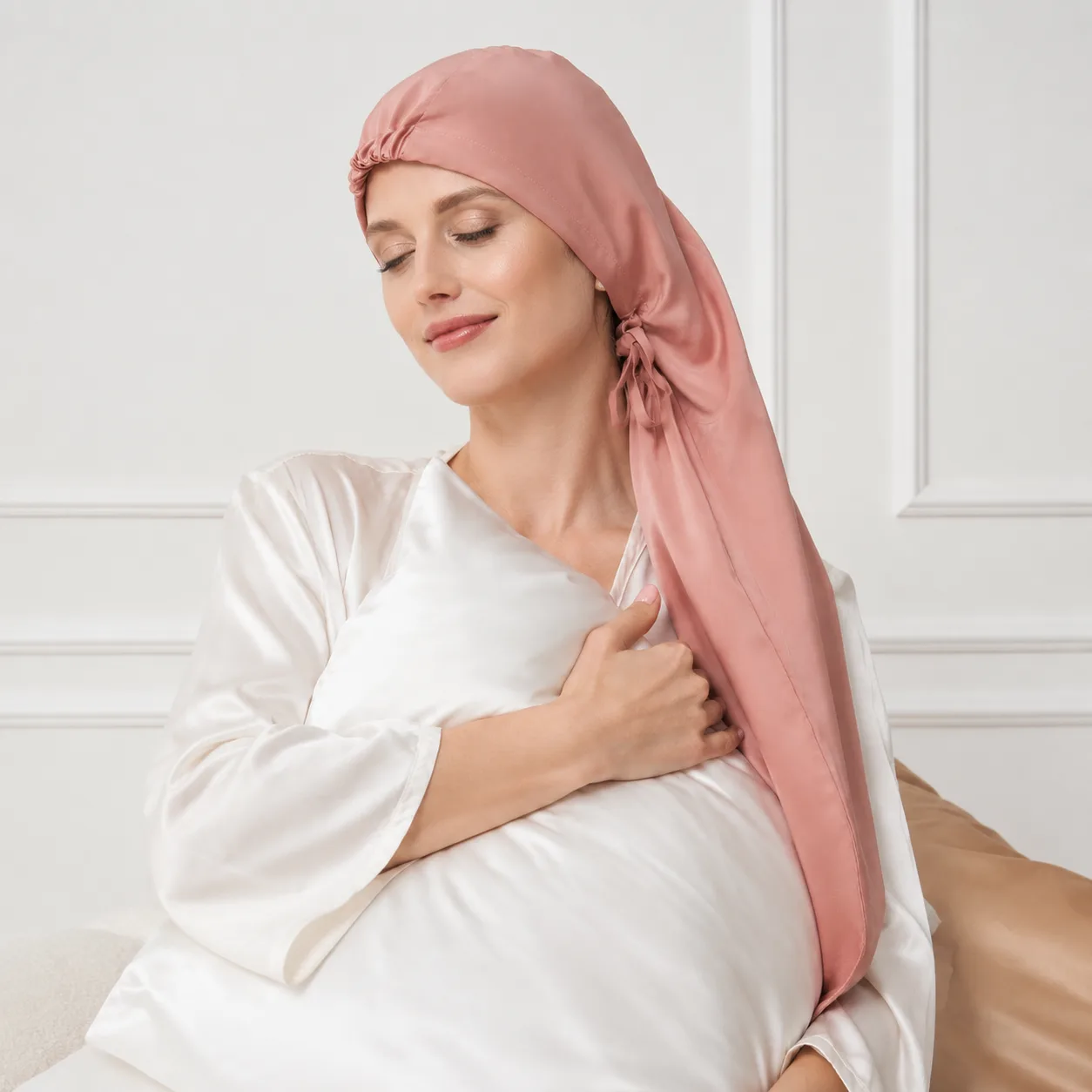 Detail view of custom silk sleep cap featuring gathered construction and adjustable strap for a secure fit, designed for hair care and beauty brands