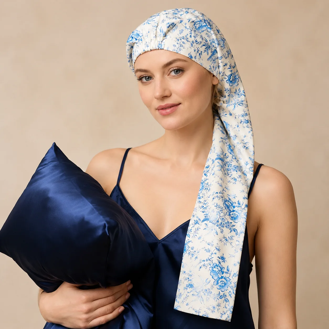 Detail view of a custom silk sleep cap with an adjustable fit, featuring gathered edges and elongated design for comfort, tailored for private label