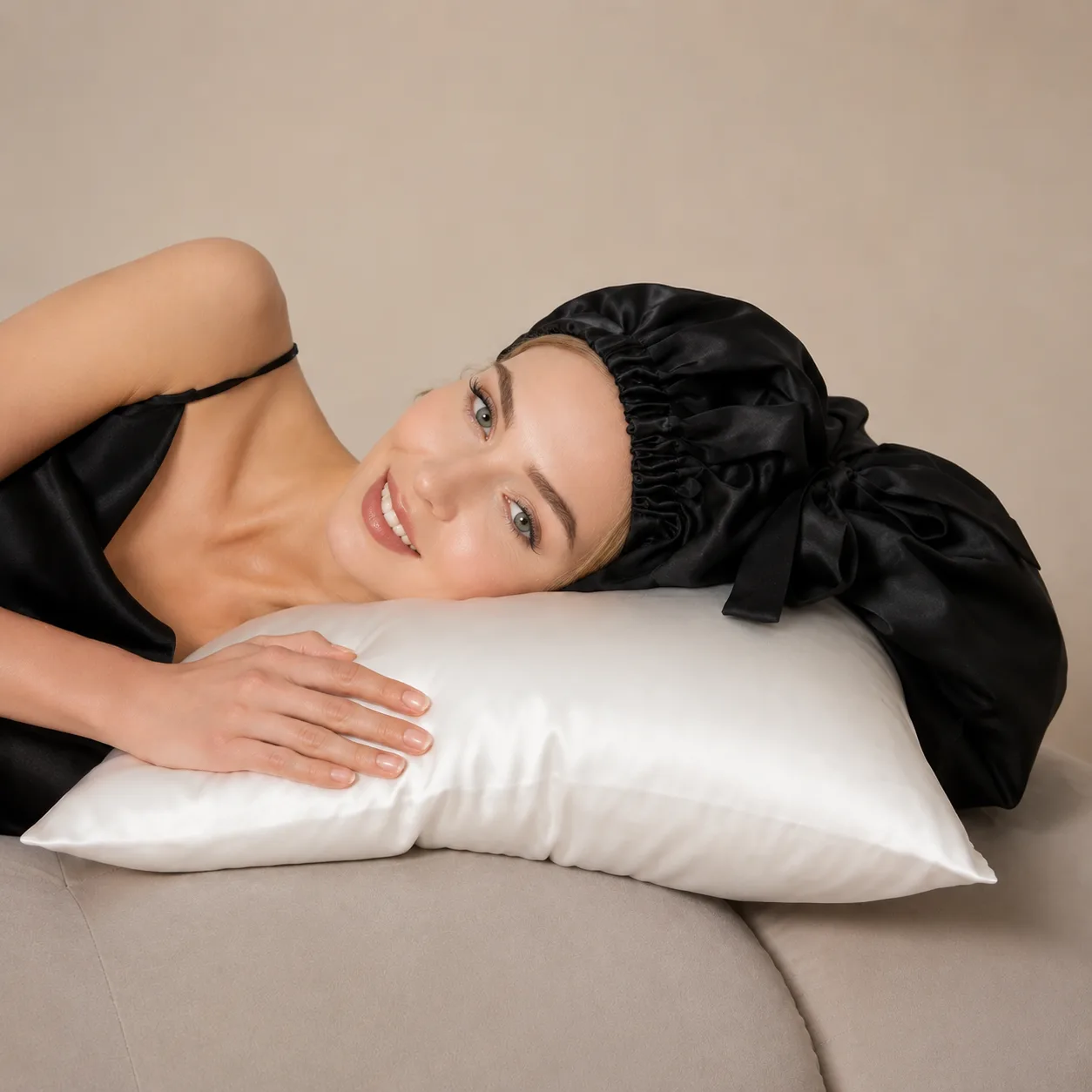 Detail view of custom silk sleep cap featuring structured fit and elasticized band for comfort, designed for private label beauty brands