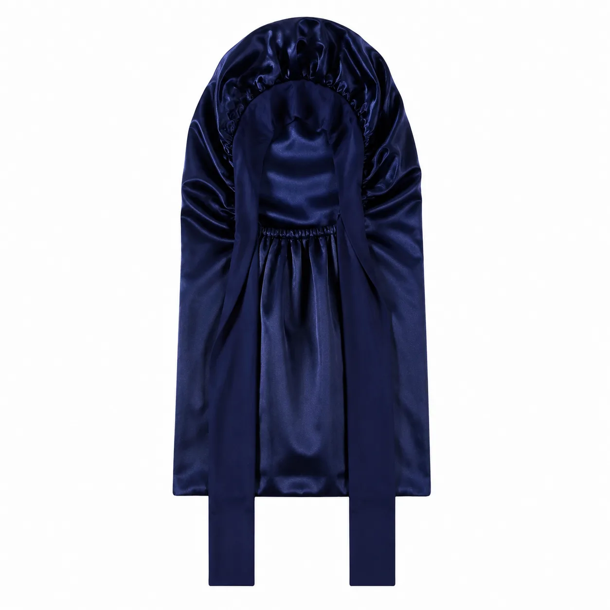 Detail view showcasing the shape and construction of the custom silk sleep cap, featuring a gathered edge finish and adjustable strap for a secure and