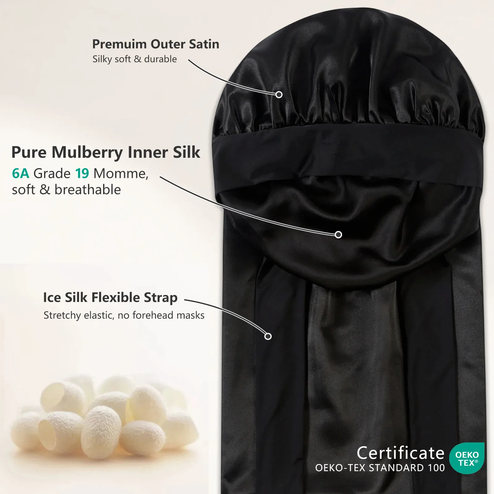 Detail view showcasing the construction of a custom silk sleep cap, highlighting the elastic strap for optimal comfort, soft inner silk, and a premium