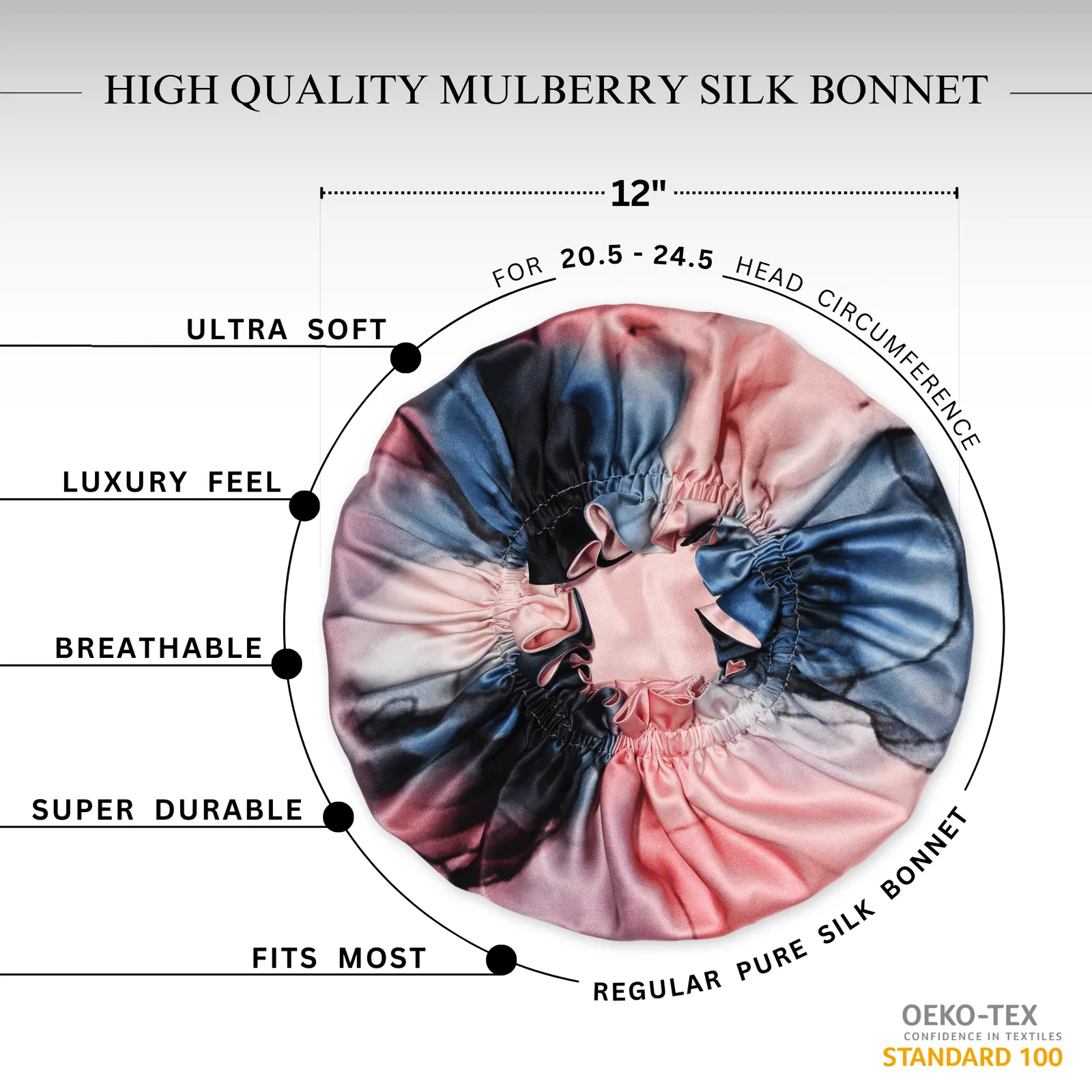 Detailed view of custom silk sleep cap highlighting its ultra-soft construction with adjustable fit, designed for comfort and durability for private