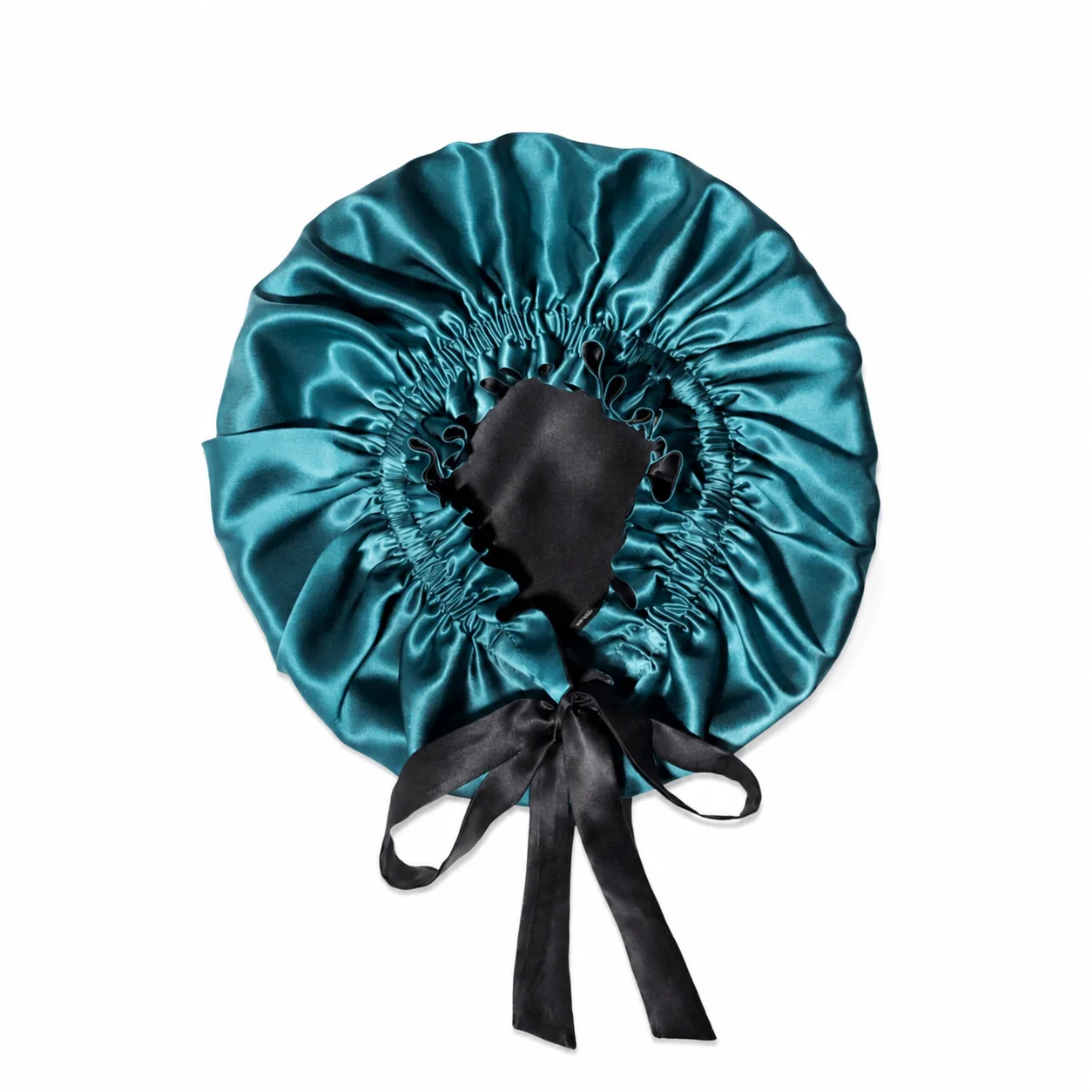 Custom 19 momme two-tone mulberry silk sleep bonnet with adjustable thin tie closure in teal and black — private label hair care brand
