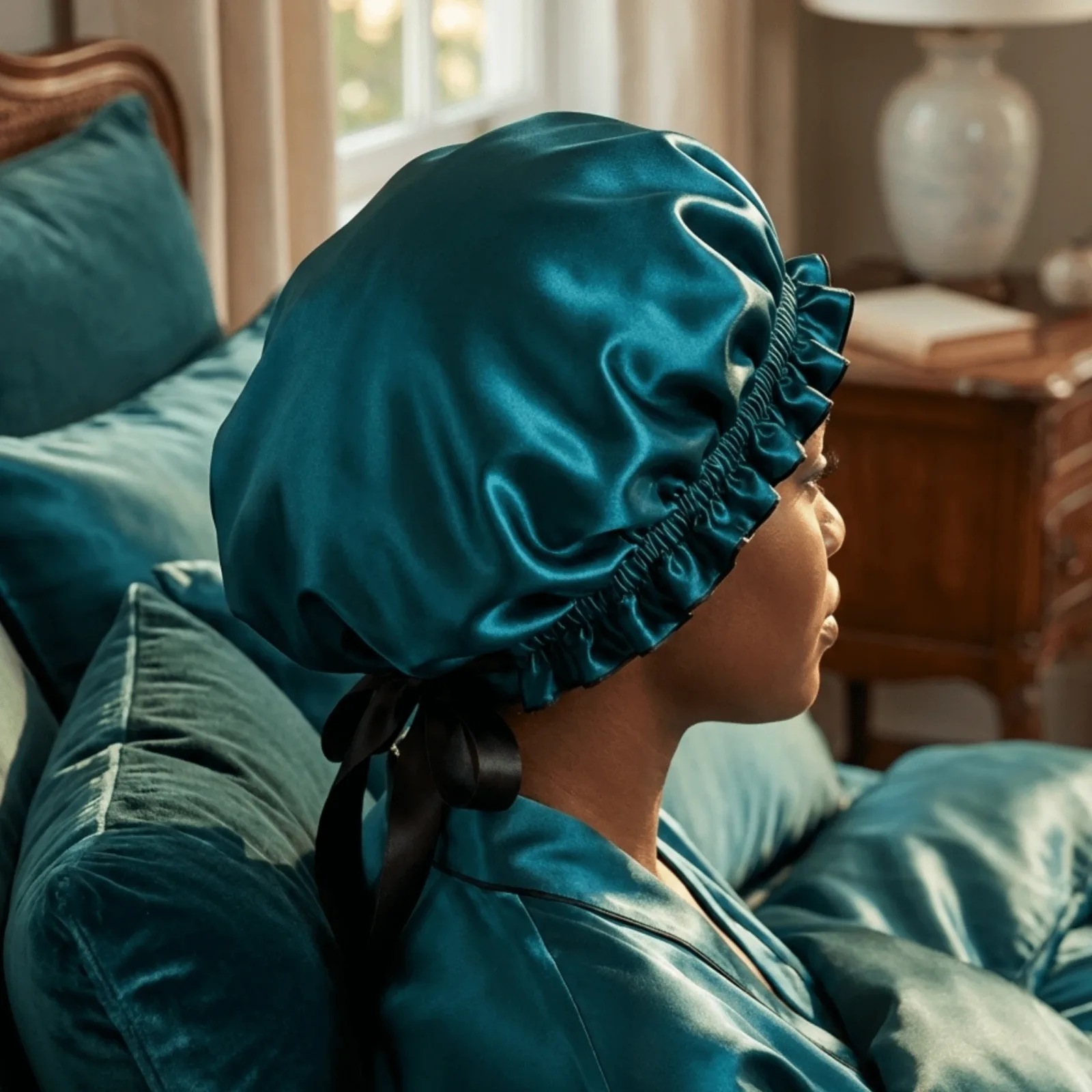 Detail view of a custom silk sleep cap featuring a ruffled edge finish and adjustable ribbon tie, designed for comfort and secure fit in hair care and