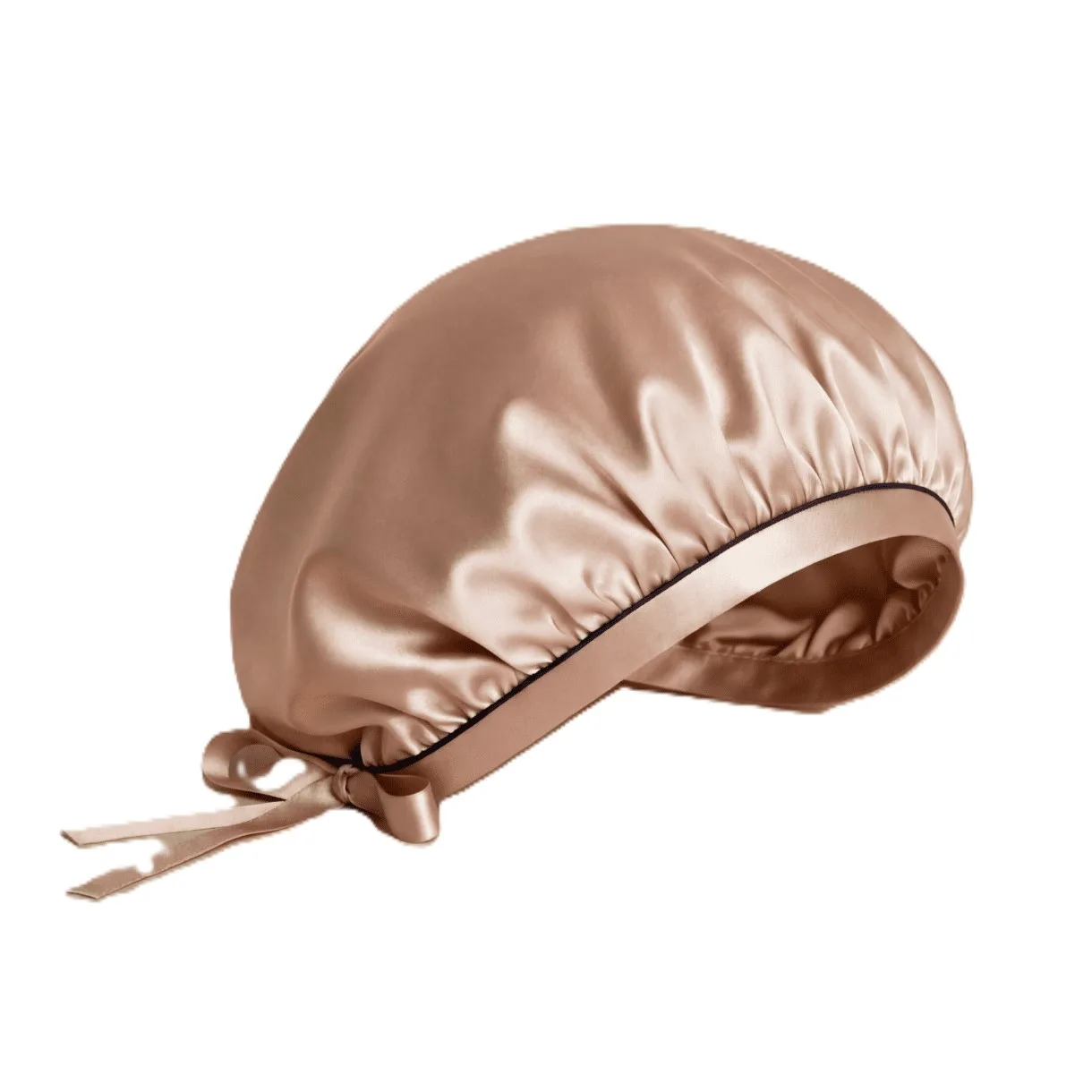 Detail view of a custom silk sleep cap featuring gathered construction and adjustable strap for enhanced fit and comfort, designed for private label