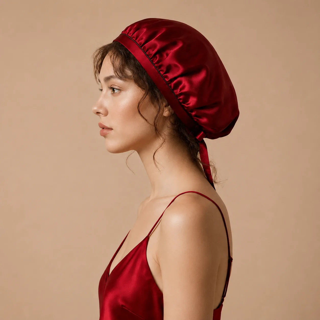 Detail view of a custom silk sleep cap showcasing a structured, round shape with a comfortable fit, featuring soft seams and a securing tie for