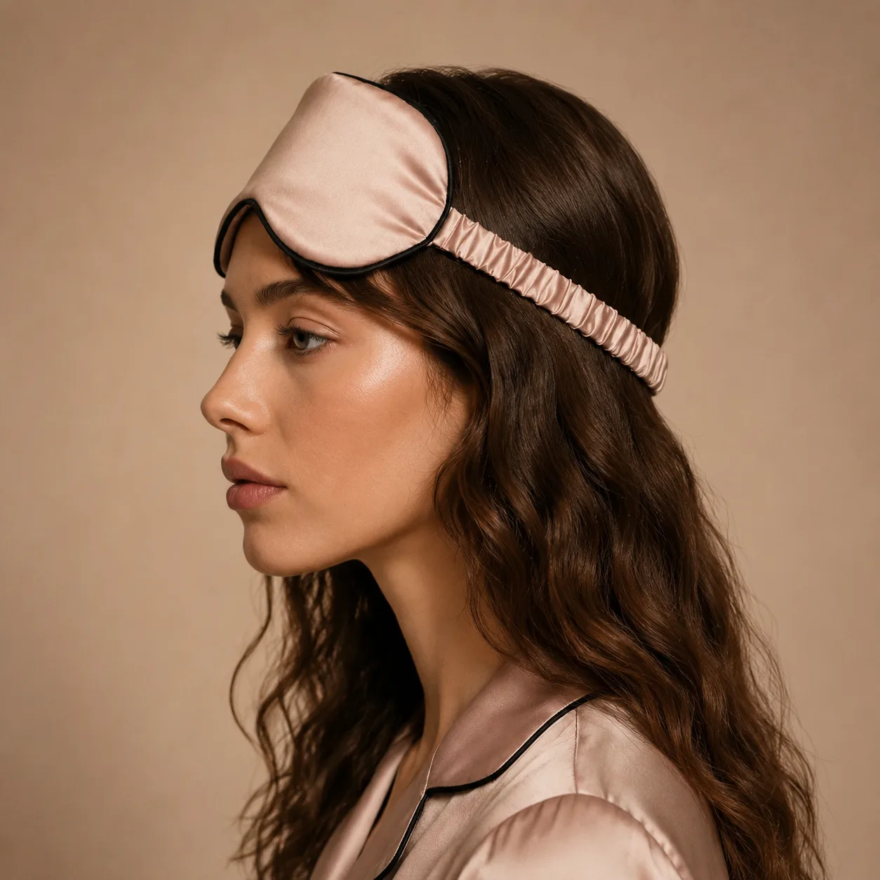 Detail view of a custom silk sleep mask featuring a structured shape and a soft, comfortable fit, with gathered elastic bands for adjustable wear