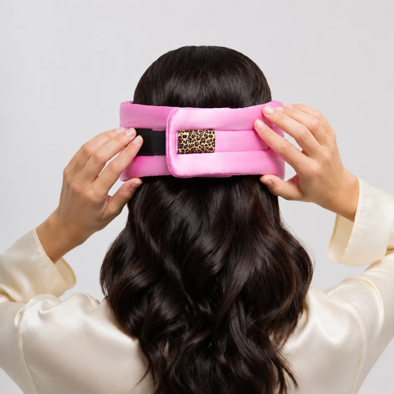 Detail view of a custom silk sleep mask showcasing its ergonomic shape, soft padding, and adjustable band for optimal comfort, ideal for private label