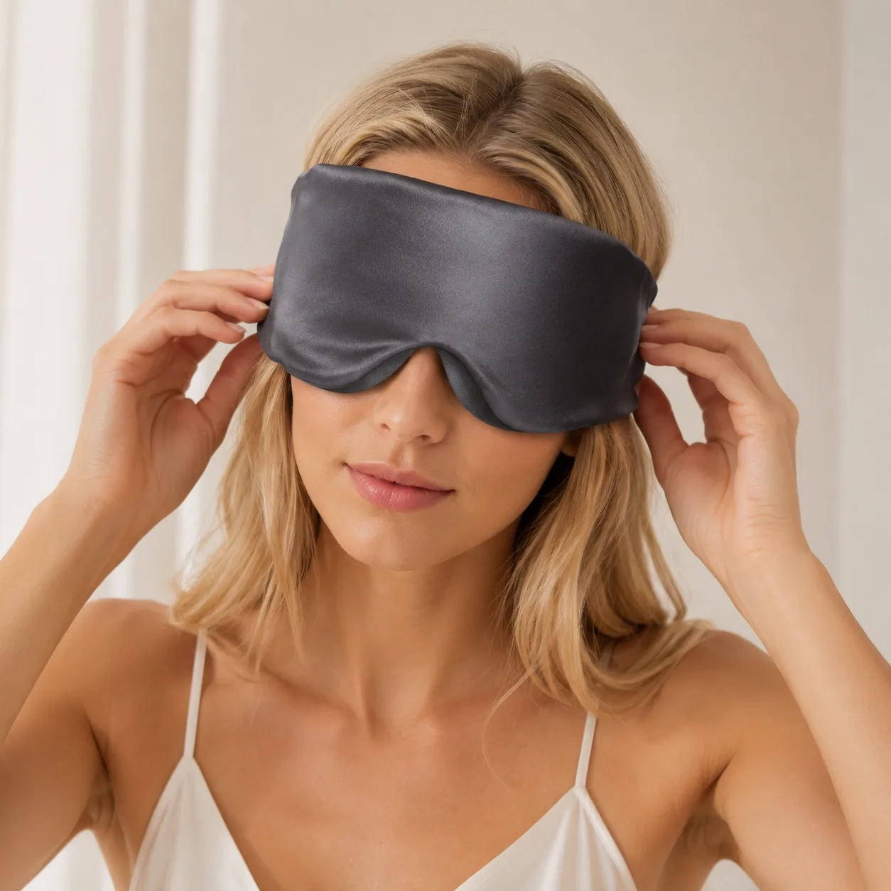 Detail view of custom silk sleep mask showcasing smooth construction, contouring fit, and soft edges for optimal comfort, designed for beauty, travel