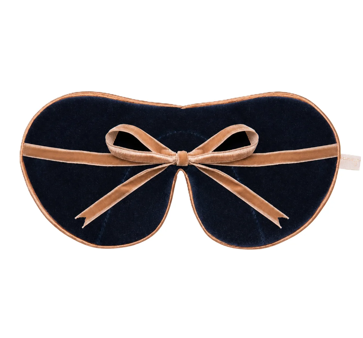 Detail view of a custom silk sleep mask featuring a classic shape with soft edges, velvety strap for added comfort, and delicate ribbon closure for a