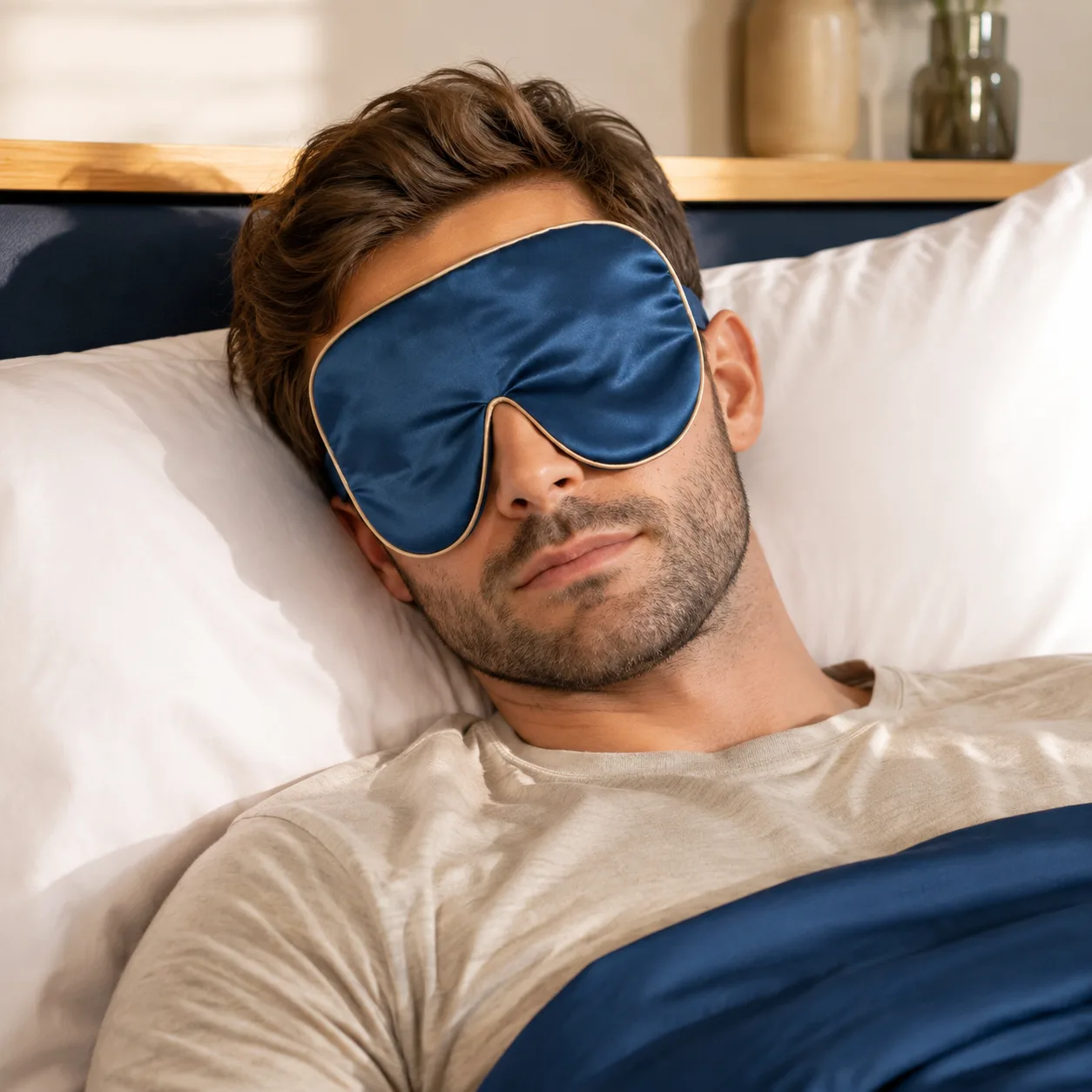 Detail view of custom silk sleep mask with contoured shape and padded edges for comfort, tailored for private label brands