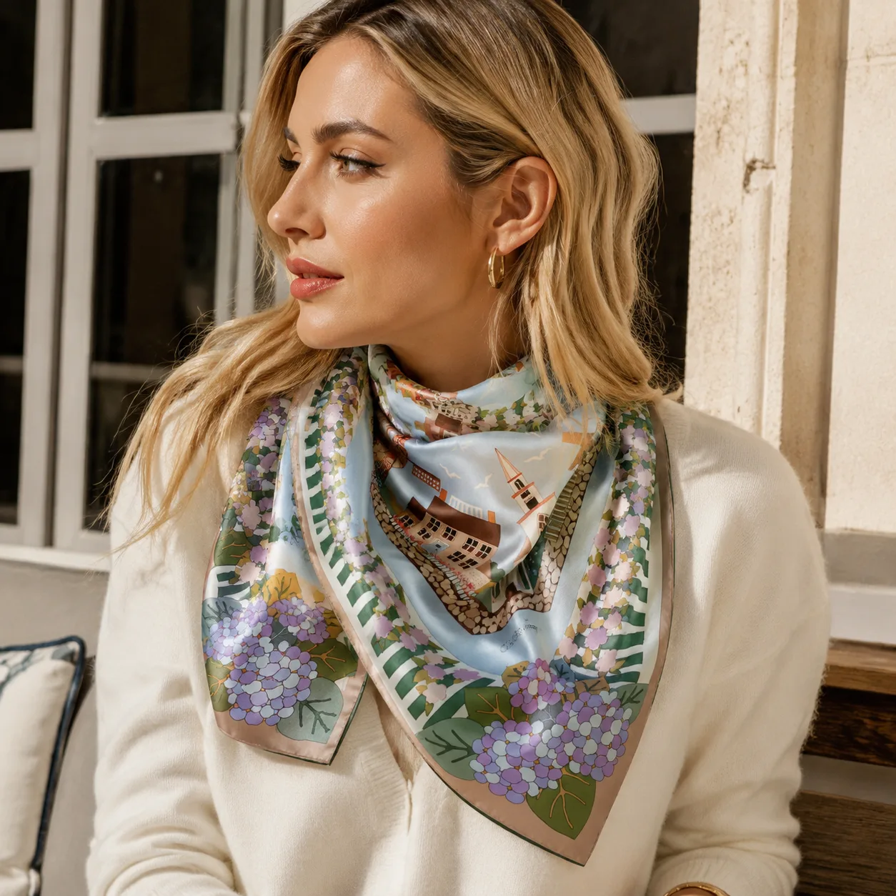 Botanical Floral Square Silk Scarf 90cm detail view